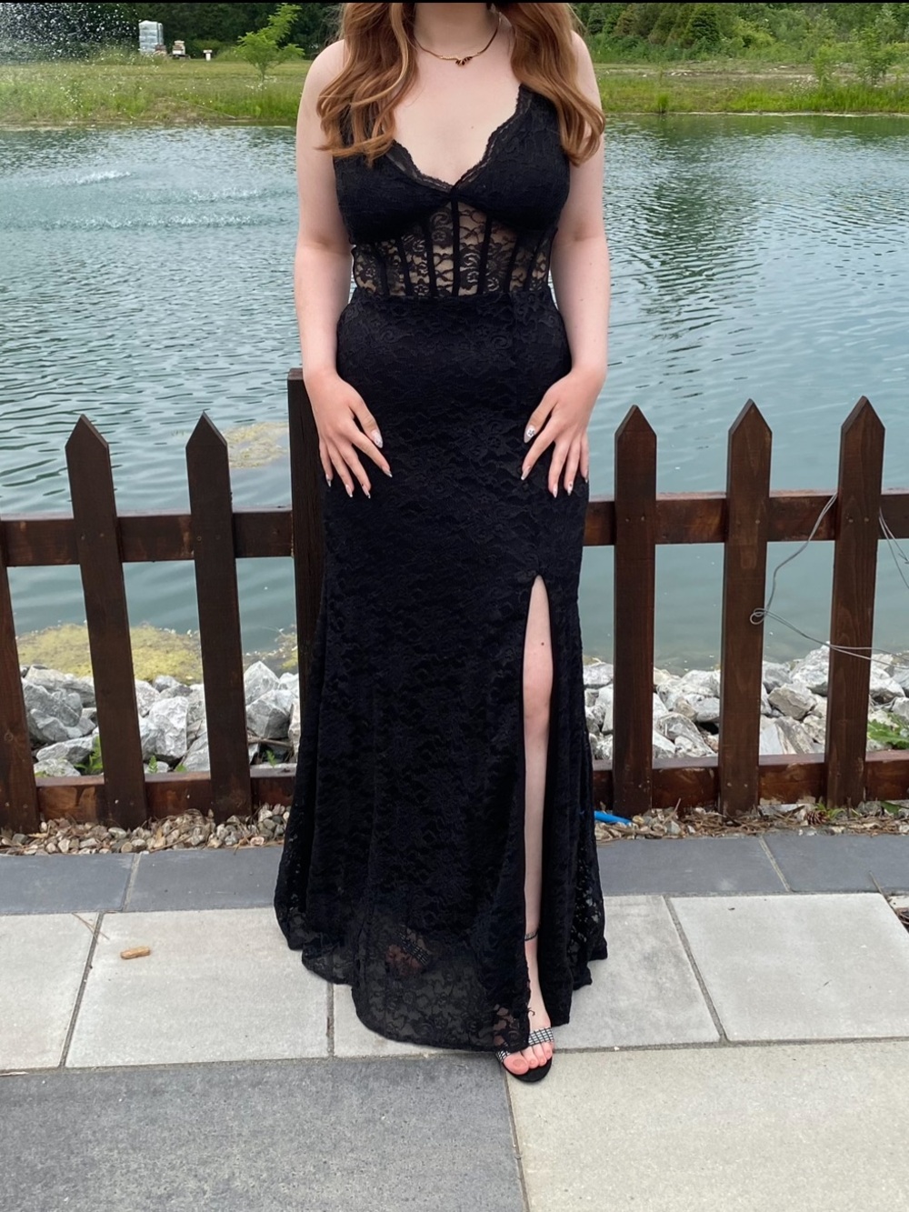 Elegant Black Lace Prom Dress with Sheer Corset Waist